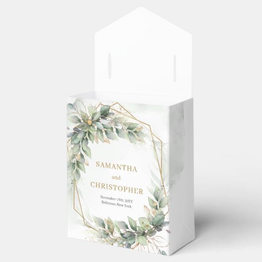 Waterverf groen gebladerte gouden glitter bruiloft bedankdoosjes (Geopend)