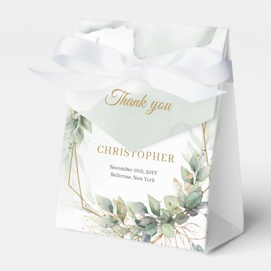 Waterverf groen gebladerte gouden glitter bruiloft bedankdoosjes (Voorkant Zijde)