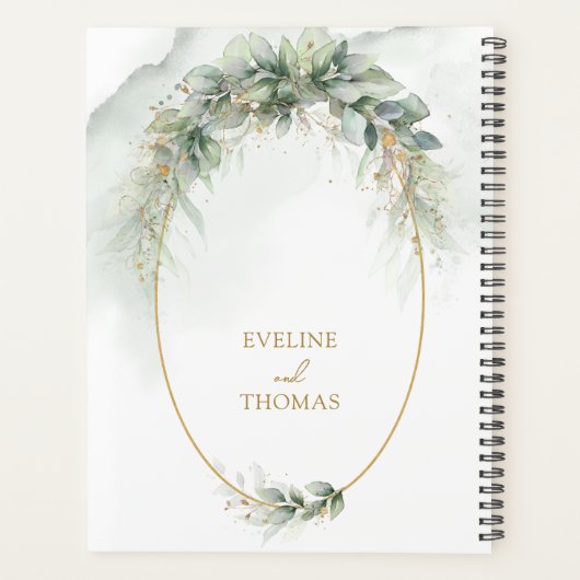 Waterverf groen gebladerte gouden glitter bruiloft planner (Achterkant)