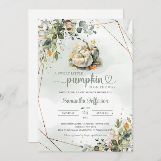 Waterverf groen gebladerte vallen bladeren pompoen kaart (Voorkant / Achterkant)