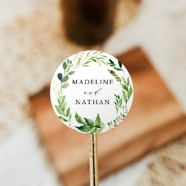 Waterverf groen gepersonaliseerde bruiloft ronde sticker