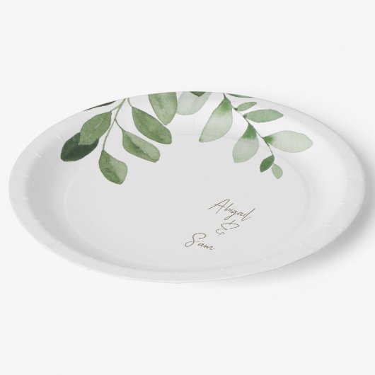 Waterverf groen gepersonaliseerde witte bruiloft papieren bordje (Gekanteld)