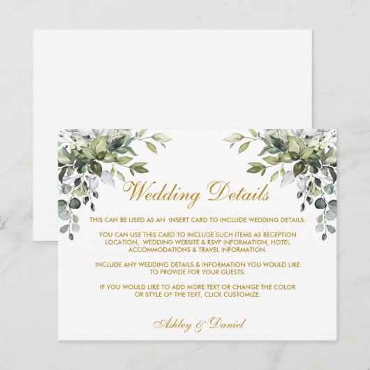 Waterverf groen goud bruiloft details Kaart (Voorkant / Achterkant)