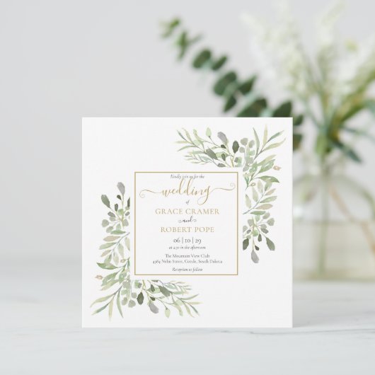 Waterverf groen goud geometrisch script bruiloft kaart (Staand voorkant)