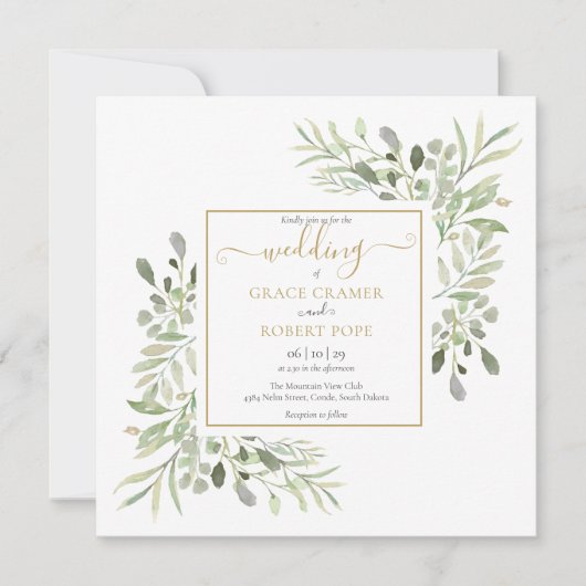 Waterverf groen goud geometrisch script bruiloft kaart (Voorkant)