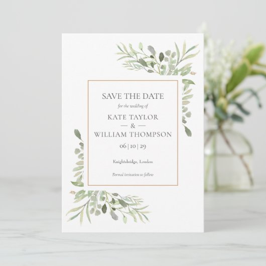 Waterverf groen goud geometrische foto bruiloft save the date (Staand voorkant)