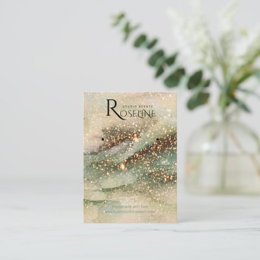 Waterverf groen goud glitter jewlery display visitekaartje (Staand voorkant)