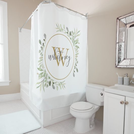 Waterverf groen goud monogram chic script douchegordijn (In situ)