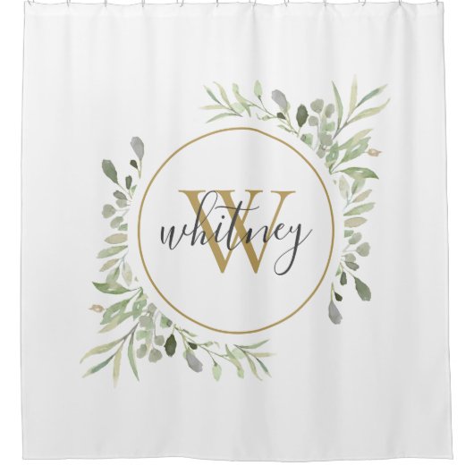 Waterverf groen goud monogram chic script douchegordijn (Voorkant)