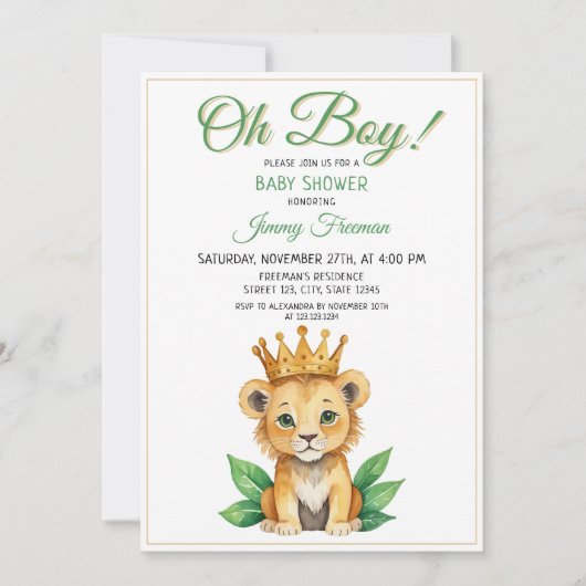 Waterverf Groen & Goud Schattige Leeuw Baby shower Kaart (Voorkant)