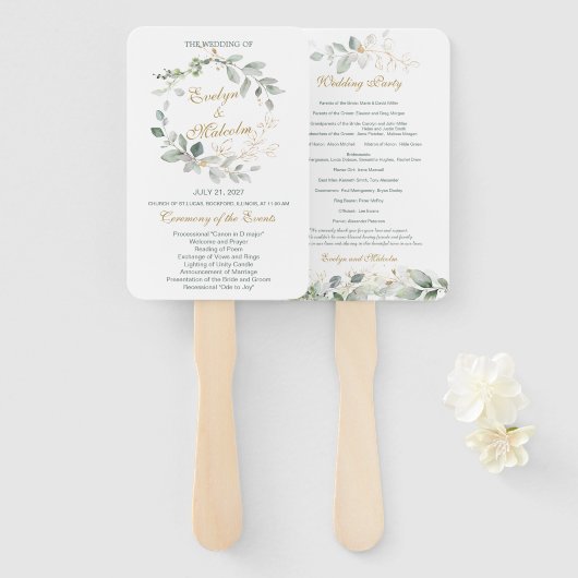 Waterverf groen & goudblaadjes Trouwprogramma Handwaaier (Voorkant en achterkant)