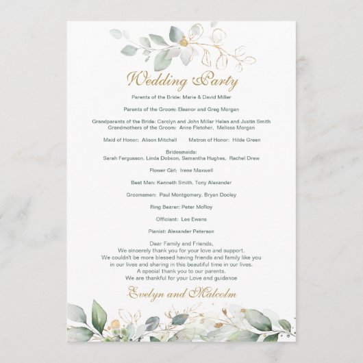 Waterverf groen & goudblaadjes Trouwprogramma Programmakaart (Achterkant)