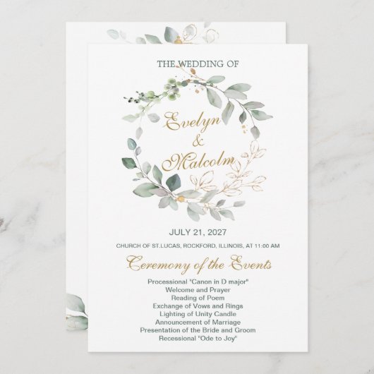 Waterverf groen & goudblaadjes Trouwprogramma Programmakaart (Voorkant / Achterkant)