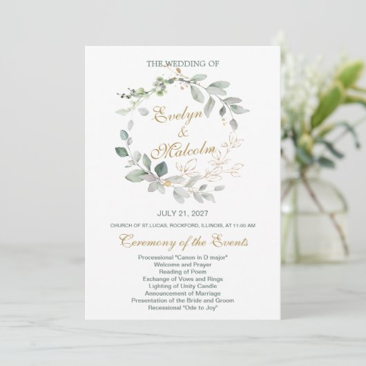 Waterverf groen & goudblaadjes Trouwprogramma Programmakaart (Staand voorkant)