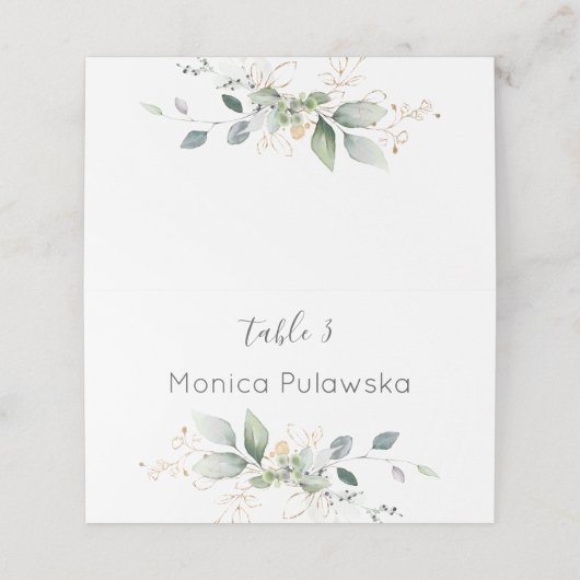 Waterverf groen & gouden blad plaatskaartje (Buitenkant ongevouwen)