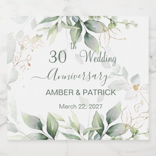 Waterverf groen & gouden bladeren Bruiloft Jubileu Sparkling Wijnetiket (Enkel label)