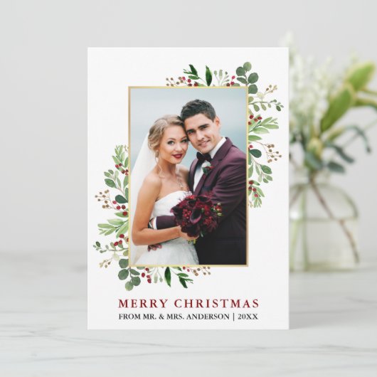 Waterverf groen gouden kerst Pas getrouwd Feestdagenkaart (Staand voorkant)