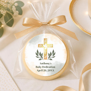 Waterverf Groen Gouden Kruis Baby Toewijding Ronde Sticker