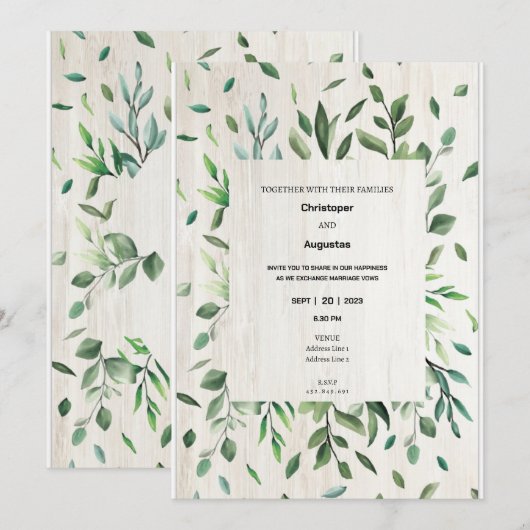 Waterverf groen grens bruiloft uitnodigingskaart kaart (Voorkant / Achterkant)