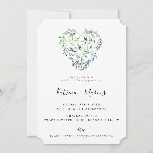 Waterverf groen hart verlovingsfeest kaart (Voorkant)