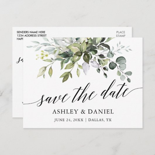 Waterverf groen kalligrafie Bewaar de datum Briefkaart (Voorkant / Achterkant)