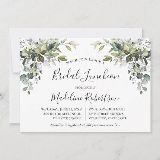 Waterverf groen kalligrafie blauw bruids lunch kaart (Voorkant)