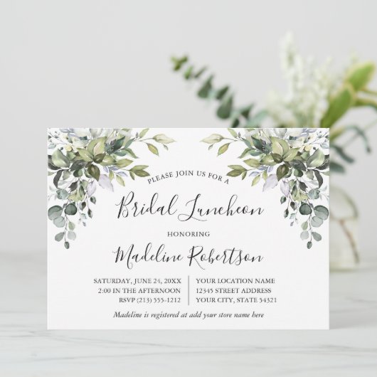 Waterverf groen kalligrafie blauw bruids lunch kaart (Staand voorkant)