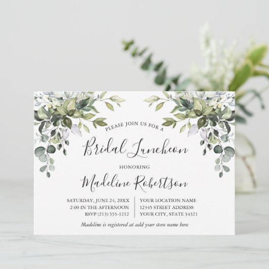 Waterverf groen kalligrafie bruids lunch kaart (Staand voorkant)