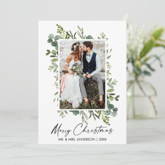 Waterverf groen kalligrafie inkt script bruiloft feestdagenkaart (Staand voorkant)