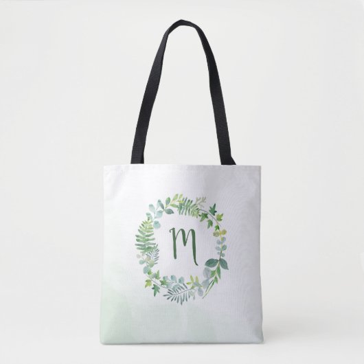 Waterverf groen krans monogram tote bag (Voorkant)