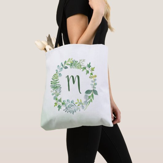 Waterverf groen krans monogram tote bag (Dichtbij)