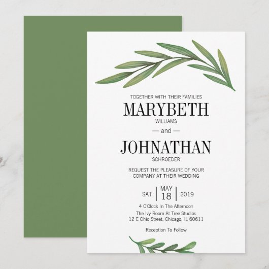 Waterverf groen laat bruiloft uitnodiging Kaart (Voorkant / Achterkant)