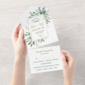 Waterverf Groen laat gouden Lijsten bruiloft over All In One Uitnodiging (Afscheurbaar)