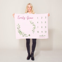 Waterverf Groen laat roze babymeisje mijlpaal Fleece Deken