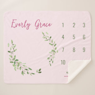 Waterverf Groen laat roze babymeisje mijlpaal Sherpa Deken