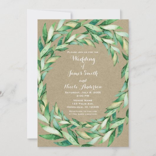 Waterverf Groen laat Rustic Kraft Wedding Kaart (Voorkant)