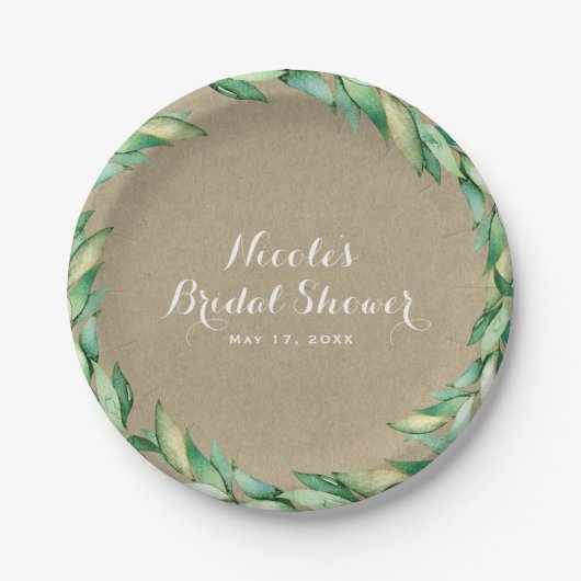 Waterverf Groen laat Rustic Kraft Wedding Papieren Bordje (Voorkant)