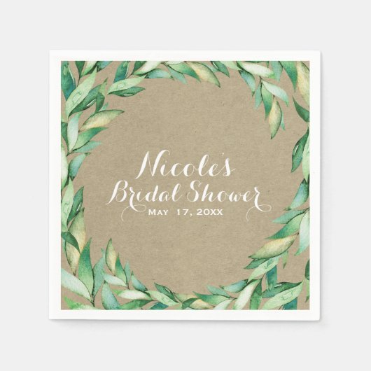 Waterverf Groen laat Rustic Kraft Wedding Servetten (Voorkant)