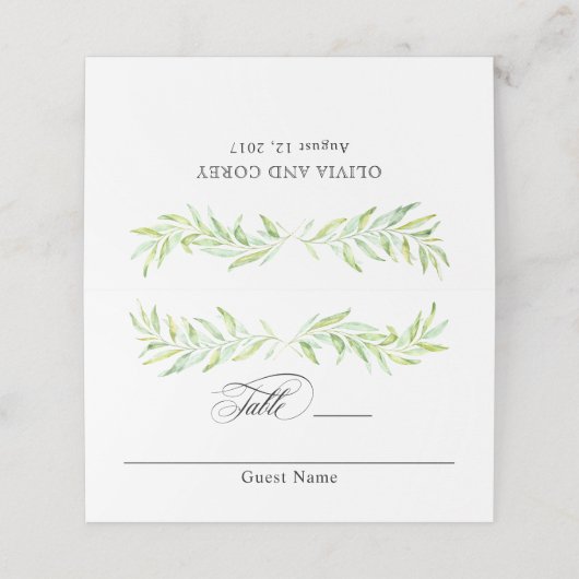 Waterverf groen laurier krans bruiloft plaatskaartje (Buitenkant ongevouwen)