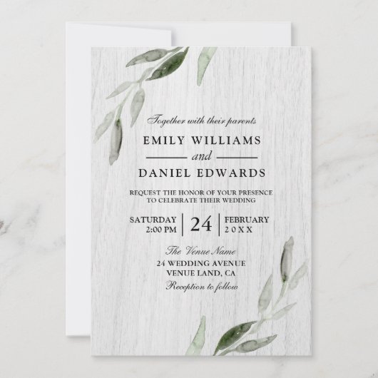 Waterverf Groen lef Witte Rustic Wedding Invite Kaart (Voorkant)