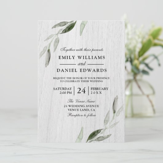Waterverf Groen lef Witte Rustic Wedding Invite Kaart (Staand voorkant)