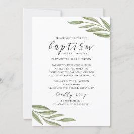 Waterverf groen loof. Floral script baptisme Kaart