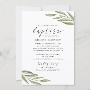 Waterverf groen loof. Floral script baptisme Kaart
