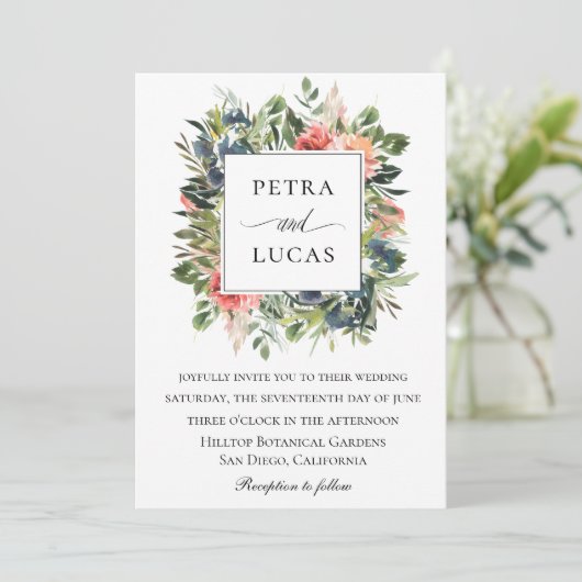 Waterverf groen marine koraal bloemenbruiloft kaart (Staand voorkant)