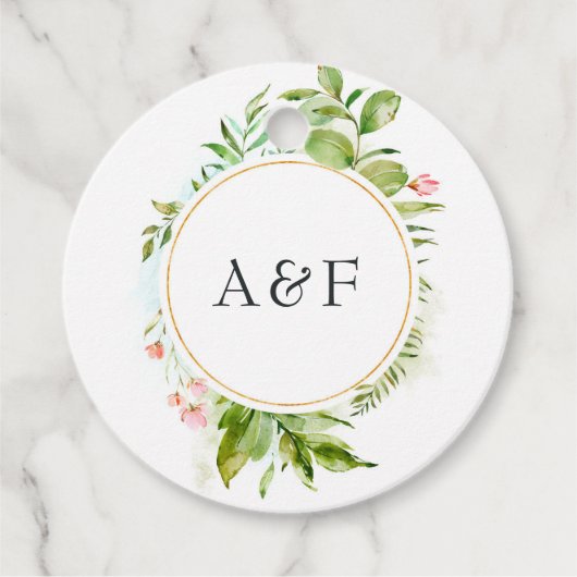 Waterverf groen monogram bruiloft bedankjes labels (Voorkant)