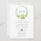 Waterverf groen monogram krans bruiloft kaart (Voorkant)