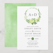 Waterverf groen monogram krans bruiloft kaart (Voorkant / Achterkant)