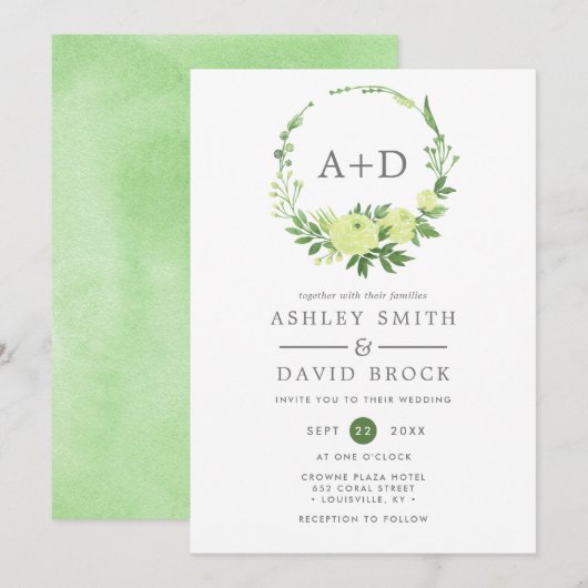 Waterverf groen monogram krans bruiloft kaart (Voorkant / Achterkant)