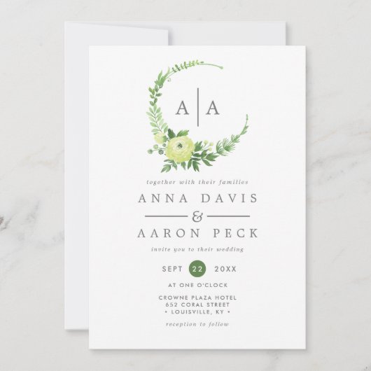 Waterverf groen monogram krans bruiloft kaart (Voorkant)