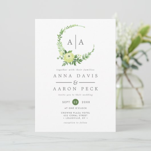 Waterverf groen monogram krans bruiloft kaart (Staand voorkant)